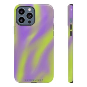 Aura Néon – Coque iPhone effet irisé violet et vert, design hypnotique